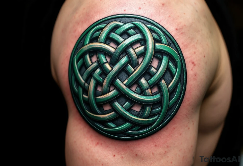A dark green Celtic knot shield with woven loops symbolizing eternal protection. tattoo idea