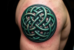 A dark green Celtic knot shield with woven loops symbolizing eternal protection. tattoo idea