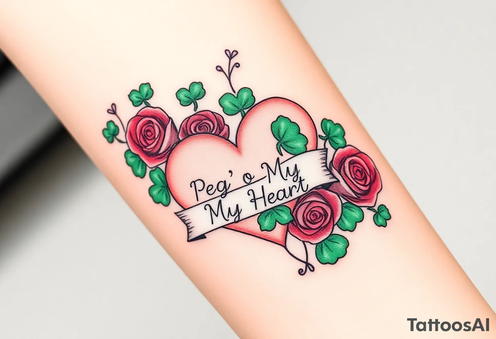 A ton of green shamrocks grouped with red roses and a big pale pink heart with a banner across the heart that says Peg 'o My Heart tattoo idea