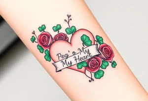 A ton of green shamrocks grouped with red roses and a big pale pink heart with a banner across the heart that says Peg 'o My Heart tattoo idea
