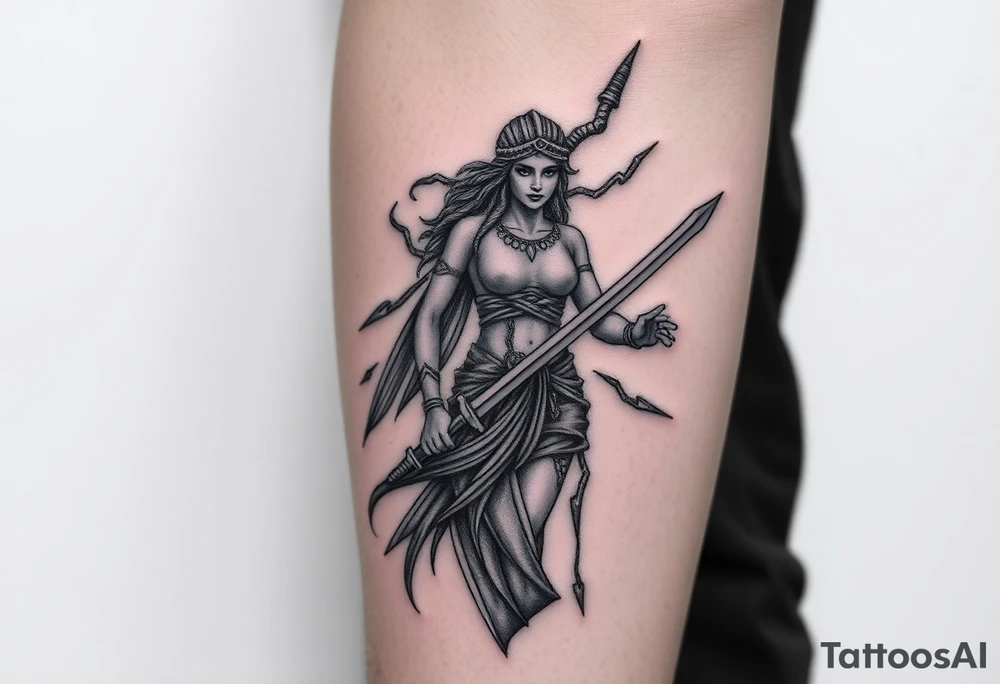 Greek goddess warrior with long dagger and realistic lighting bolts going around body Greek mythology style with dark shading tattoo idea