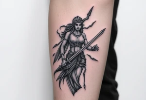 Greek goddess warrior with long dagger and realistic lighting bolts going around body Greek mythology style with dark shading tattoo idea