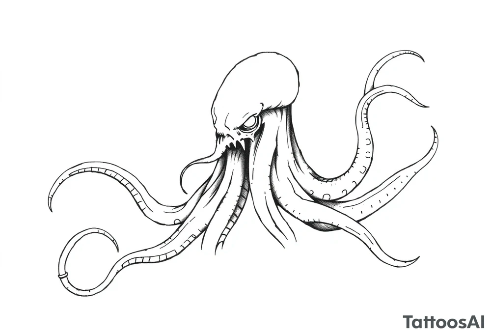 A minimalist blackwork tattoo design of an evil kraken The kraken is viewed from a 45-degree angle facing left, with its head centered. The tentacles extend only to the left and right, with none going downward beneath the head. the tentacles are quite long reaching to the left and right. The style is clean, fine-line detailing with bold outlines, avoiding heavy shading. The tentacles should be fluid, aggressive, and striking, enhancing the menacing and eerie look of the kraken while maintaining a cohesive design for a tattoo sleeve. make the tentacles very long, they need to be 3 times a slong as the head. Take the kraken from pirates of the caribeen as reference for its design. tattoo idea