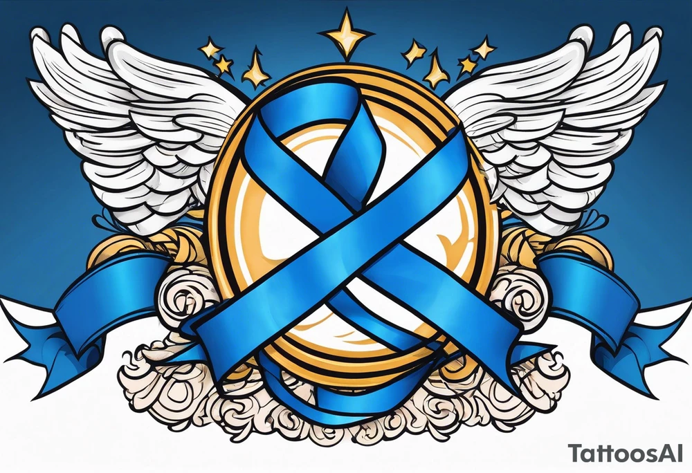 Blue colon cancer ribbon with angel winds and flag blend in tattoo idea