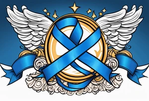 Blue colon cancer ribbon with angel winds and flag blend in tattoo idea