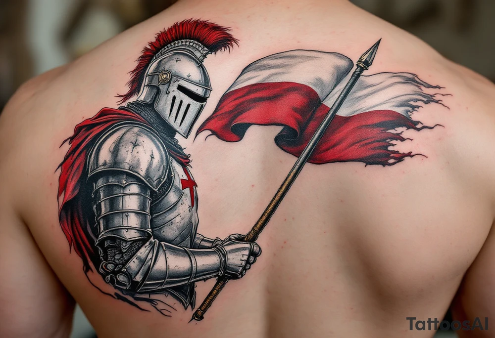 A knight in medieval armor holding a Czech flag, inspired by Hussite warriors, with battle-worn silver and red tones. tattoo idea