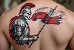 A knight in medieval armor holding a Czech flag, inspired by Hussite warriors, with battle-worn silver and red tones. tattoo idea