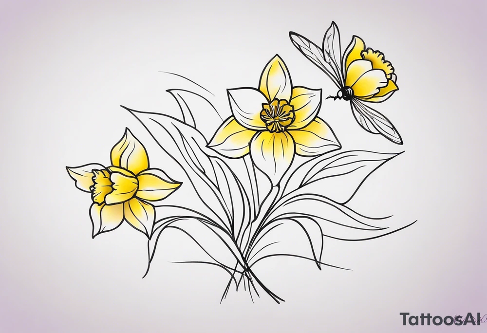 A minimalist tattoo design: Two daffodil flowers drawn with yellow lines, both blossoming from a single stem. On top of the flowers, there is a minimalist dragonfly, smaller in size than the flowers, drawn with purple lines. The stem of the daffodils extends downward and is designed to form the word ‘muadil’ in cursive handwriting, so that the stem and the writing appear as a unified whole. tattoo idea