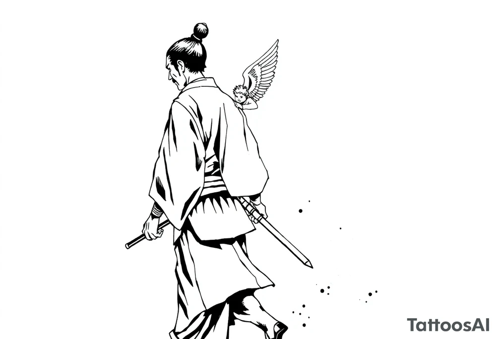 A solemn Japanese samurai (or ronin) in traditional hakama and kimono, walking in profile view. A small winged cherub or angel is floating behind him, reaching out with its hand towards his back. Black and white ink sketch, high contrast, monochrome, manga style, clean lines, dynamic composition, with ink splatter details on a white background. --ar 1:1 tattoo idea