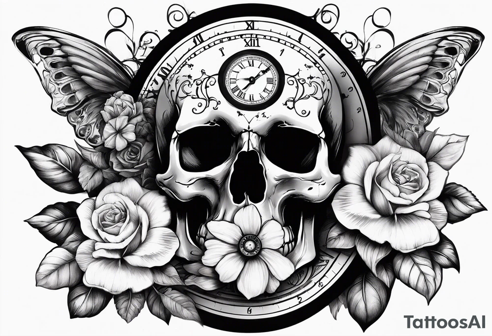 skull with clock, flower, compass, tattoo idea