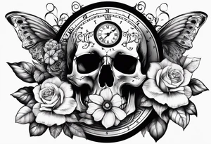 skull with clock, flower, compass, tattoo idea