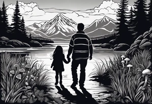 Family silhouette of a father, a mother with long straight blonde hair, oldest son, middle daughter, and small daughter foraging mushrooms with mountains and creek in background tattoo idea