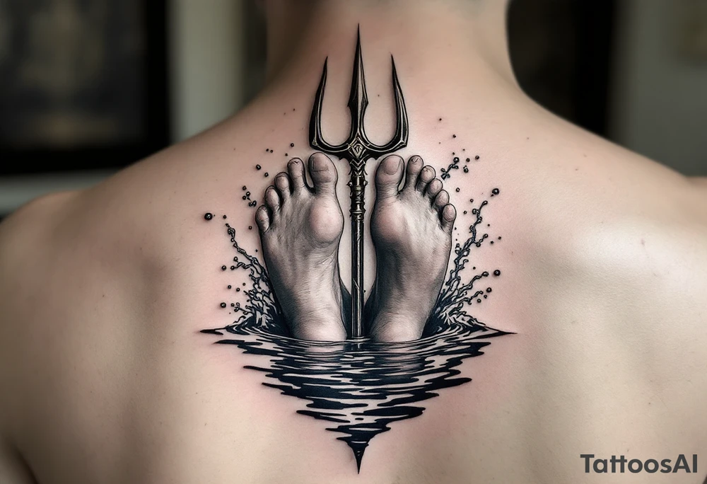 barefeet behind trident with water tattoo idea