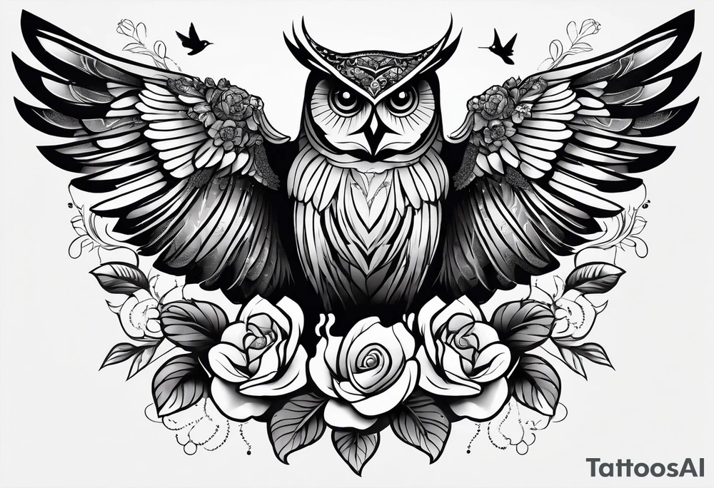 half-sleeve with flowers, an owl, and a hummingbird, all made of lace. tattoo idea