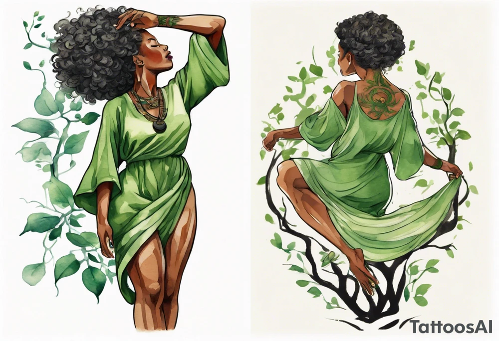 a tree trunk with roots that is a beautiful black woman from the waist up, arms reaching up to the sun, wearing a green tunic tattoo idea