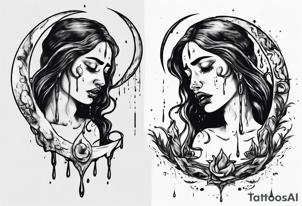 crescent moon with crying woman. she's crying tears of blood tattoo idea