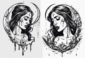 crescent moon with crying woman. she's crying tears of blood tattoo idea