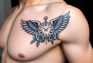 Wing with compass  a clock  with roses tattoo idea