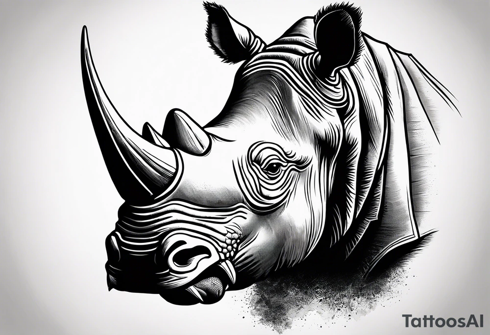 A front-facing rhino head with a sharp elongated tusk that appears angry and fierce. Ears pointed straight up and forward a bit. Eyes that pierce your soul. tattoo idea