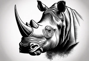A front-facing rhino head with a sharp elongated tusk that appears angry and fierce. Ears pointed straight up and forward a bit. Eyes that pierce your soul. tattoo idea