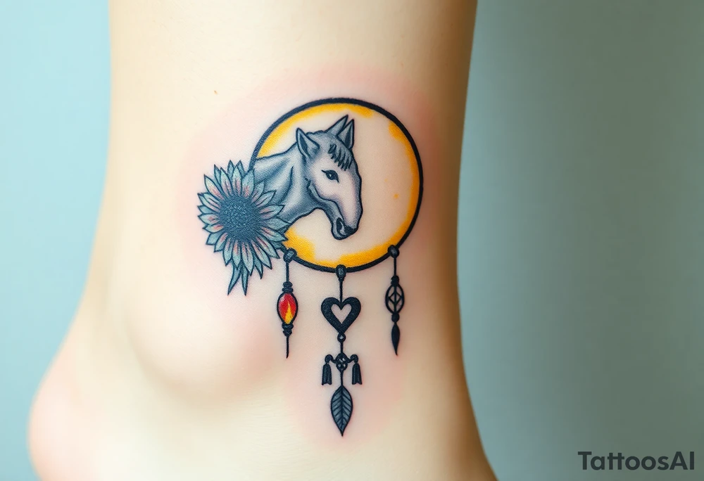 A Cresent moon dream catcher with sunflower, wolf, Harry potter, star wars, unicorn, fire heart all in one tattoo idea