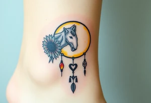 A Cresent moon dream catcher with sunflower, wolf, Harry potter, star wars, unicorn, fire heart all in one tattoo idea