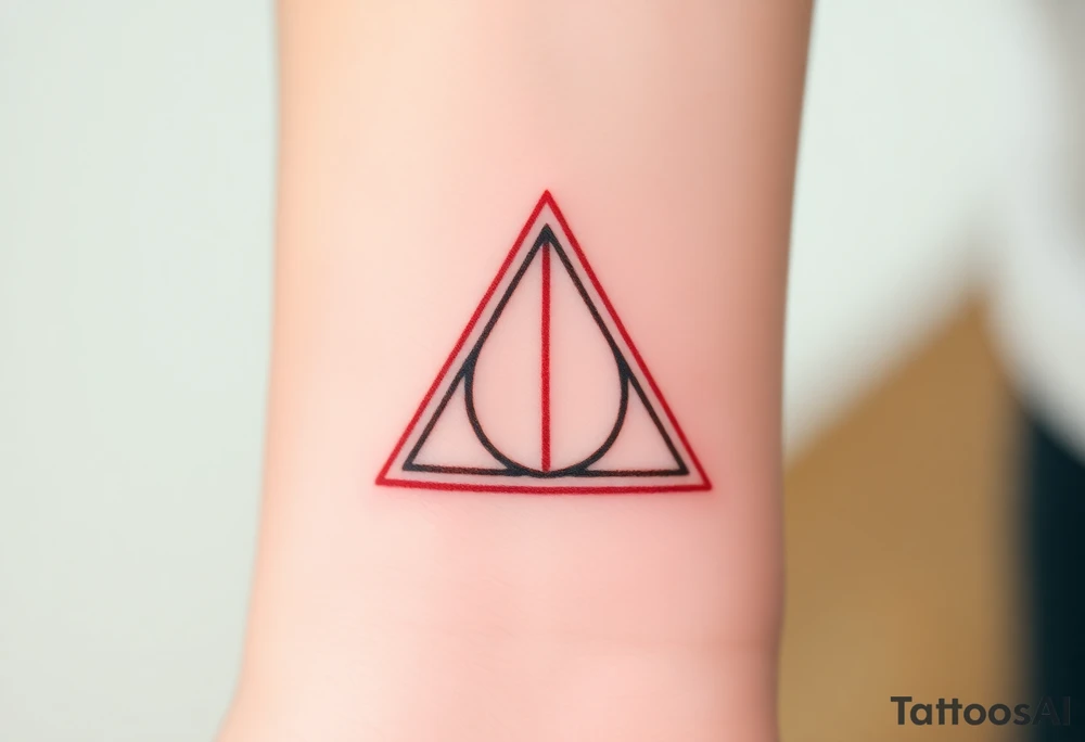 A minimalist Deathly Hallows  full symbol outline in red ink tattoo idea