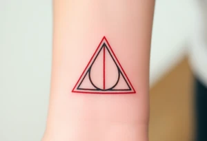 A minimalist Deathly Hallows  full symbol outline in red ink tattoo idea