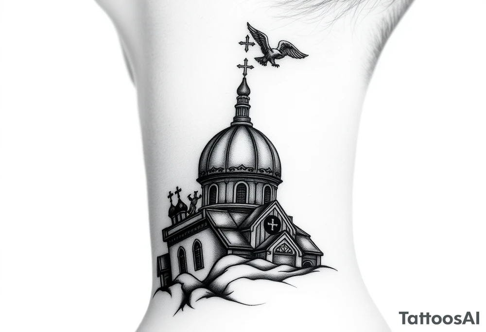 Flowing Scene

A onion dome orthodox church
Virgin Mary in prayer pose wrapping around the lower neck curve
A small eagle or just the star tucked above the dome near the hairline tattoo idea