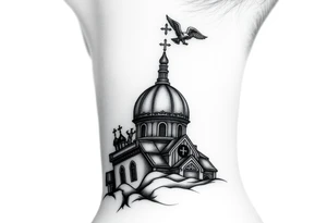 Flowing Scene

A onion dome orthodox church
Virgin Mary in prayer pose wrapping around the lower neck curve
A small eagle or just the star tucked above the dome near the hairline tattoo idea