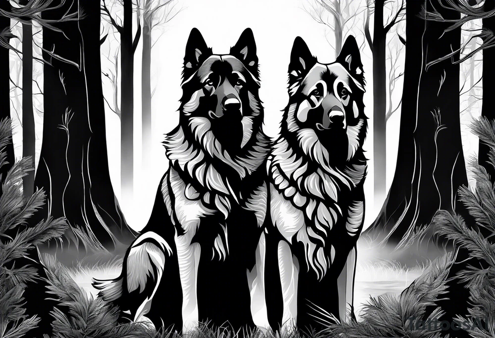 two norwegian elkhounds guarding a dark forest. Make them appear royal tattoo idea two norwegian elkhounds guarding a dark forest. Make them appear royal tattoo idea