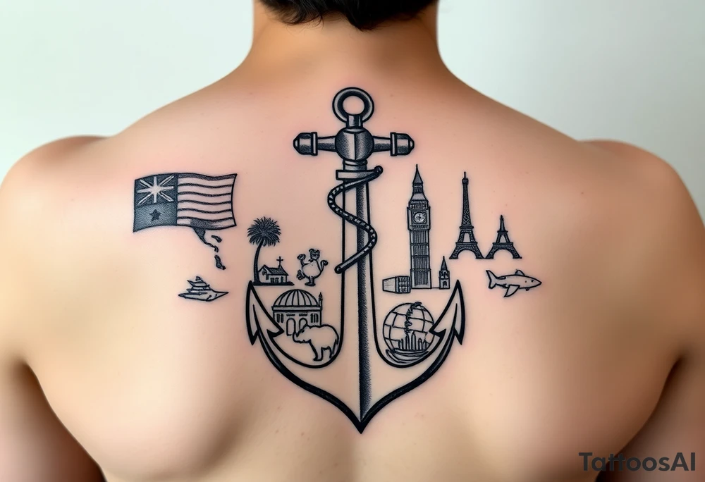 Tattoo for Female that has anchor, travel, items from each country traveled to:
Australia - kangaroo/koala 
New Zealand
United Kingdom- Big Ben 
Ireland - cliffs of mohr 
France- Eiffel tower 
Kenya - tree
Brazil - amazon
Aruba - beach 
Curacao - beach 
Jamaica - beach 
Mexico
Puerto Rico
St. Thomas
Bahamas
St. Martin
Italy - wine 
Canada - banff 
Spain - basilica 
Portugal - naticionel de Peña 
Azore islands - flowers 
Thailand- elephant 
Iceland tattoo idea