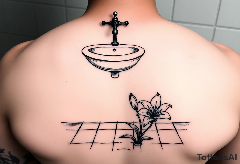 bathroom sink on tile floor with lily coming up out of the floor tattoo idea