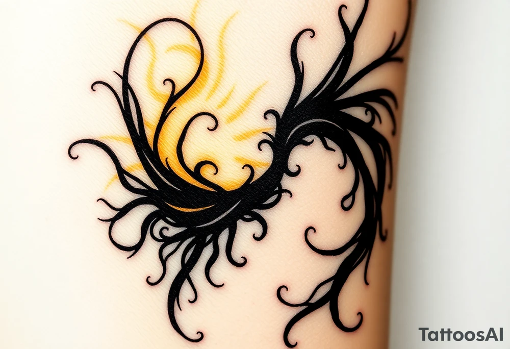 A soft golden light contrasting with shadowy black tendrils representing a battle between inner purity and external corruption. The light is depicted in radiant yellows, while the dark side uses deep blues and blacks. tattoo idea