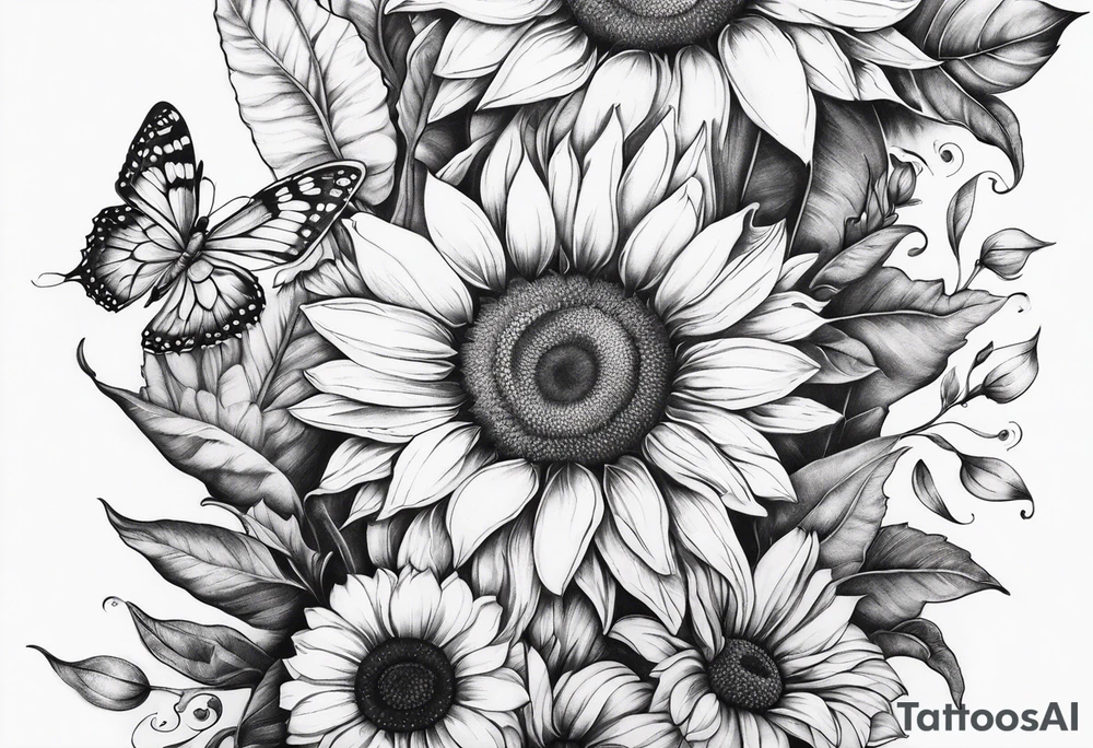 Leg sleeve with sunflowers and butterflies tattoo idea