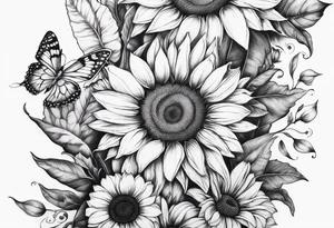 Leg sleeve with sunflowers and butterflies tattoo idea