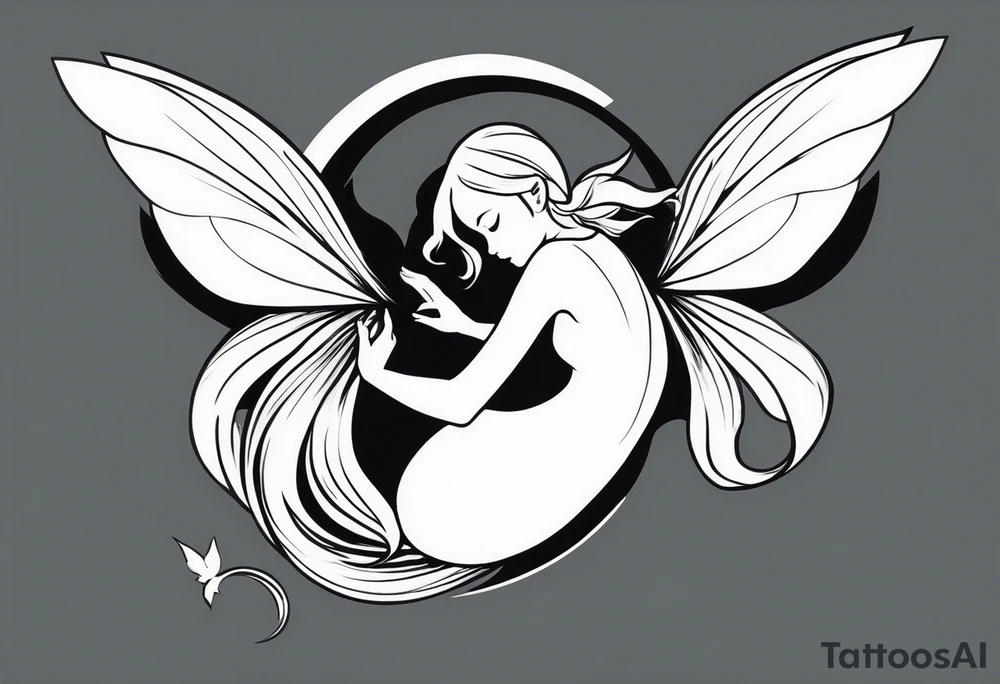 Minimalistic, monochromatic fairy with a tail flying to the left in a fetal position, leaning and looking in the same direction, with visible hands, embodying the 'Fairy Tail' logo aesthetic. tattoo idea