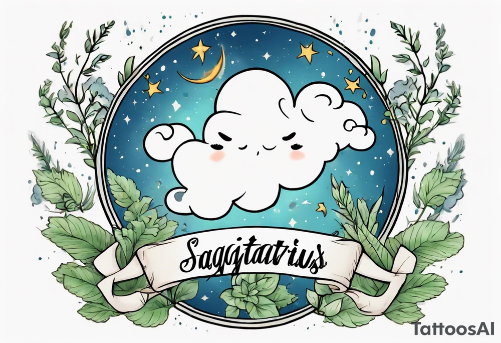 a forearm tattoo with a cloud with little plants around the word sagittarius and underneath it the date 12.08.05 tattoo idea