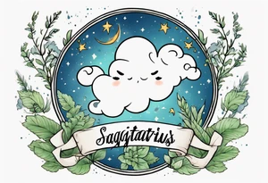 a forearm tattoo with a cloud with little plants around the word sagittarius and underneath it the date 12.08.05 tattoo idea