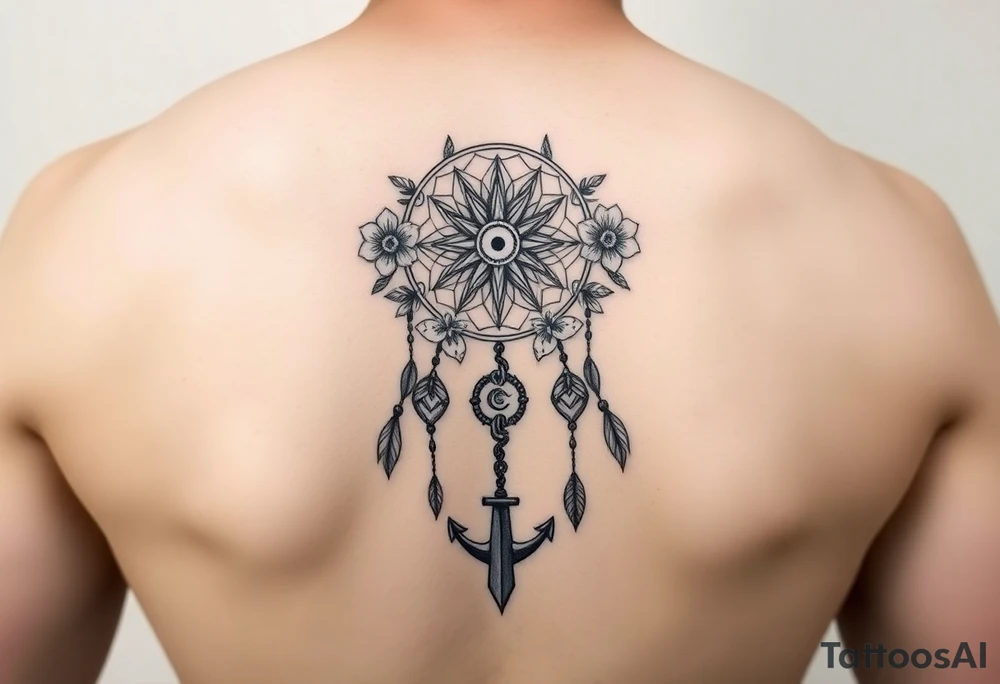 Boho dream catcher with compass and anchor Beautiful flowers and an ornamental chandelier like look tattoo idea