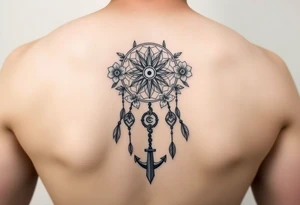 Boho dream catcher with compass and anchor Beautiful flowers and an ornamental chandelier like look tattoo idea