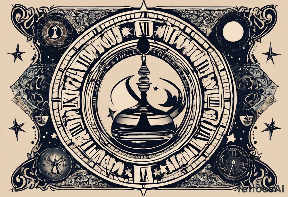 I want a tattoo-inspired design for a t-shirt that features a bold and detailed hourglass with a hand clock in the center, using Amazigh numerals for the clock numbers. The hourglass should have a strong, shaded look, with sharp lines resembling tattoo art. Planets and stars should orbit around the hourglass, giving it a cosmic and timeless feel. The design should be intricate, focusing on the flow of time and the universe, with the planets adding depth and movement. The overall aesthetic should be bold and detailed, in a blackwork tattoo style, without any flowers."black and whit design tattoo idea