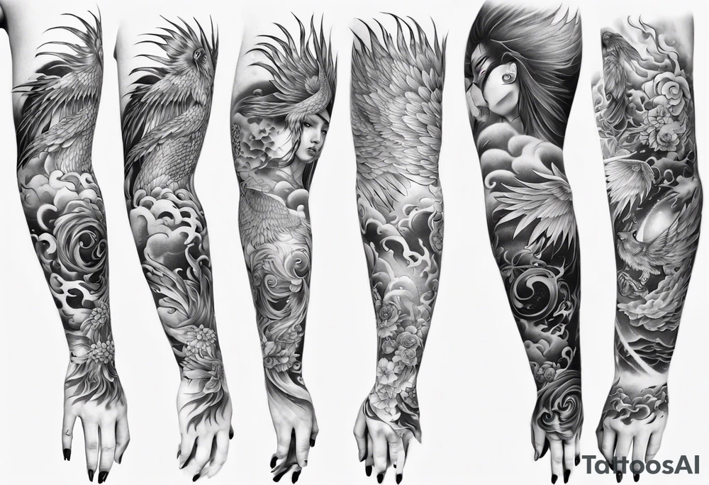 Sleeve tattoo on a woman's arm. Phoenix tattoo idea