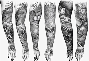 Sleeve tattoo on a woman's arm. Phoenix tattoo idea
