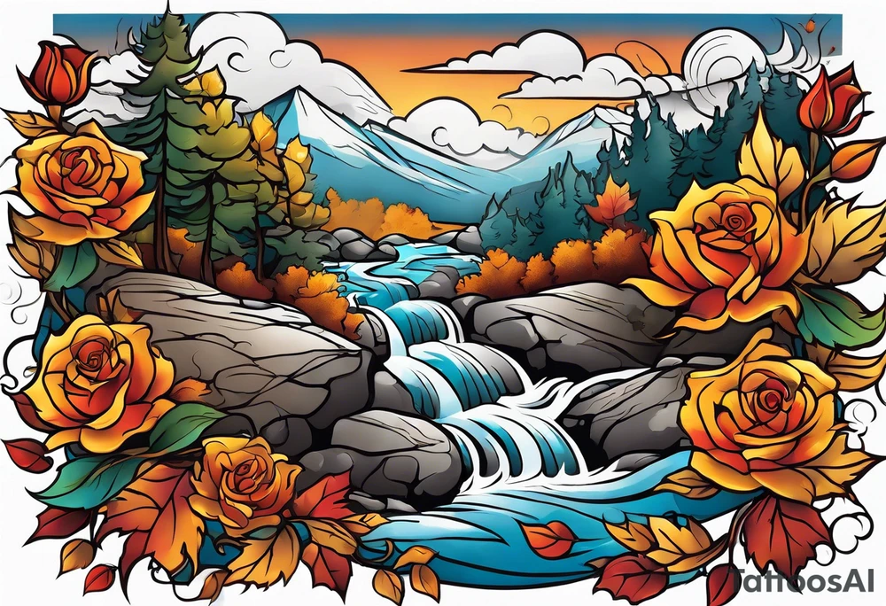 thigh tattoo in fall colors, showing water flow, rocks, sky, clouds, leaves, roses tattoo idea