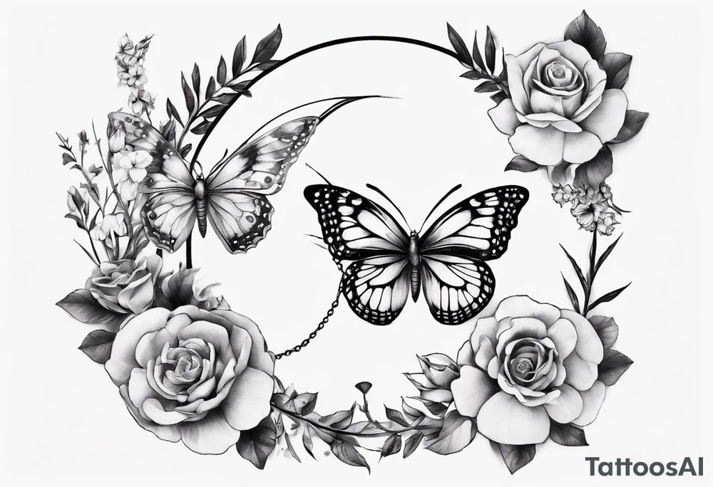 Butterfly wrap tattoos with large centre piece with moon and floral theme. Bracelet around ankle show on higher ankle tattoo idea