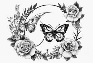 Butterfly wrap tattoos with large centre piece with moon and floral theme. Bracelet around ankle show on higher ankle tattoo idea