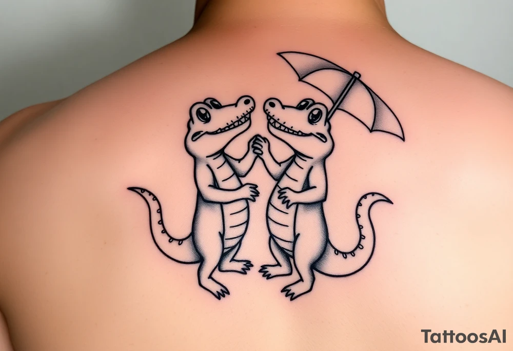 Two cartoon alligators dancing together with mardi gras umbrellas tattoo idea