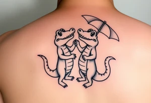 Two cartoon alligators dancing together with mardi gras umbrellas tattoo idea