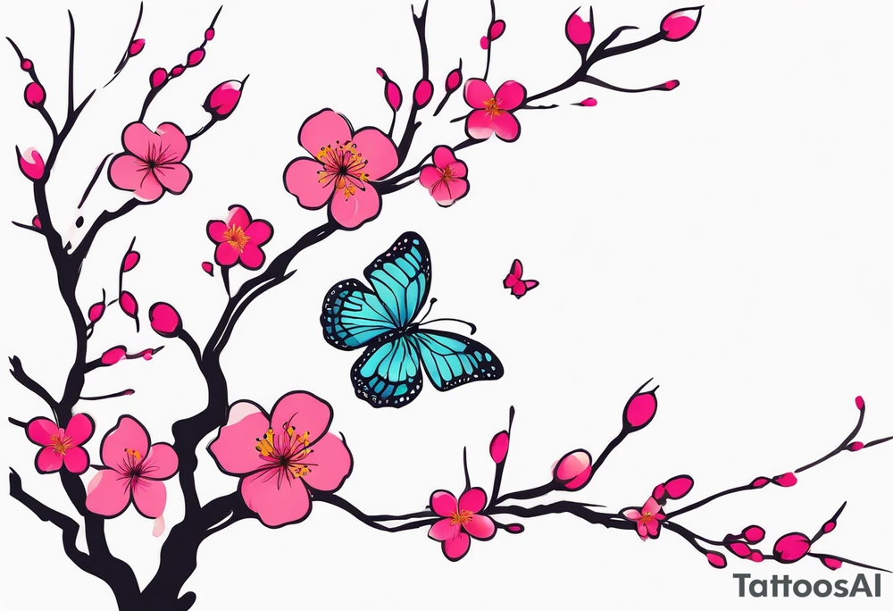 Vibrant, pink plum blossom branches with colorful butterflies tattoo idea